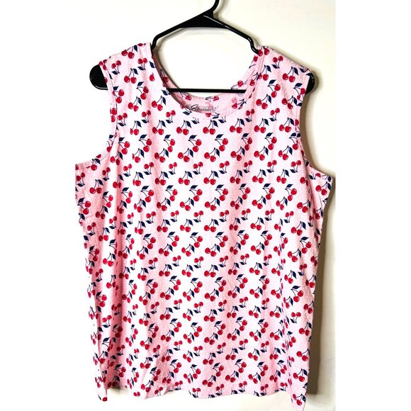 Easy Essentials Tops - Cherry Print Pink Sleeveless Tank Top Easy Essentials XL 100% Cotton